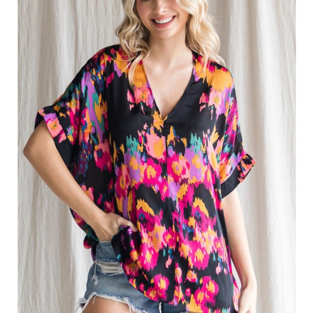 JODIFL Black Floral Kaleidoscope V-Neck Dolman Top